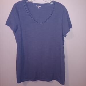 Kim Rogers Petite Medium Blue Short Sleeve V-Neck Cotton Top EUC